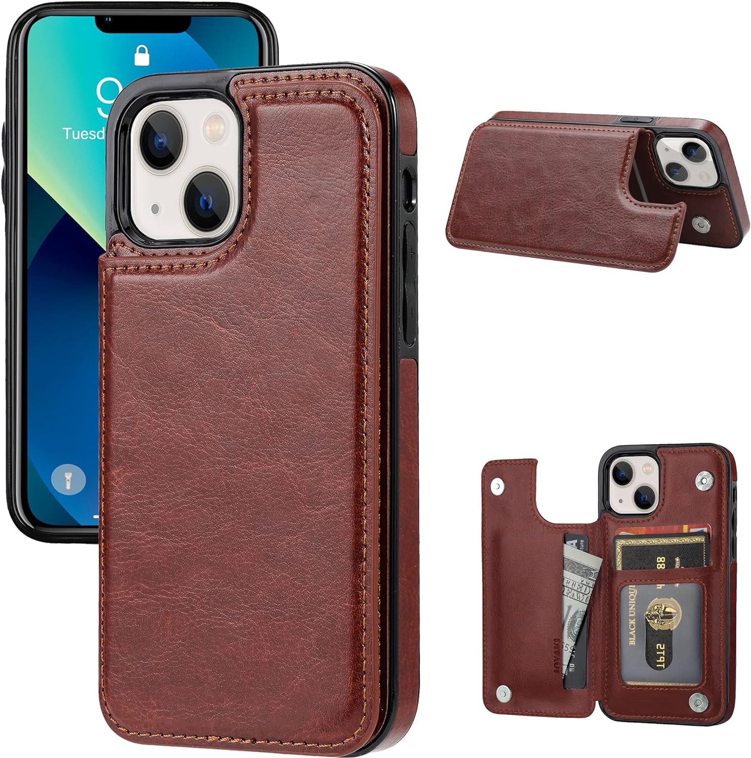 Wallet Case Compatible with iPhone 13,Slim Protective case with Card Holder,Premium PU Leather Kickstand Card Slots Case with a Screen Protective Glass for iPhone 13(6.1)-Brown