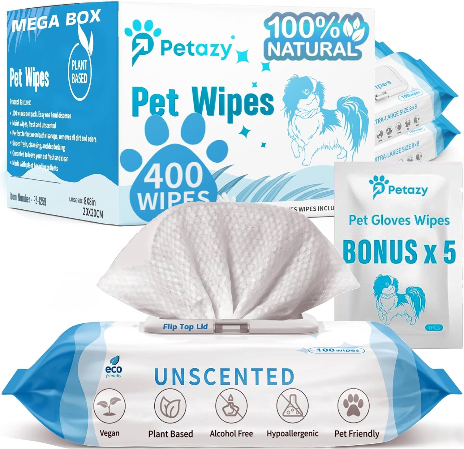 400 Dog Wipes for Paws and Butt Ears Eyes | Organic Pet Wipes for Dogs | Unscented Dog Wipes Cleaning Deodorizing | Extra Thick Paw Wipes for Dogs Cats Pets | Bonus Glove Wipes Included