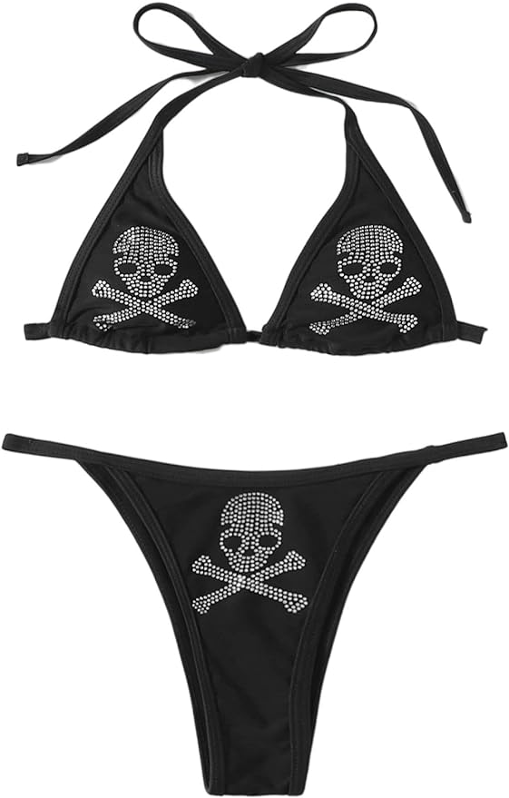 WDIRARA Women' Skull Pattern Halter Triangle Thong Sexy 2 Piece Bikini Swimsuit