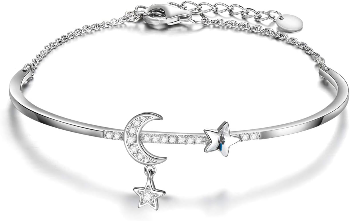 AOBOCO Sterling Silver Moon & Star Bangle Bracelet Embellished with Crystals from Austria, Fine Anniversary Birthday Jewelry Gifts for Women