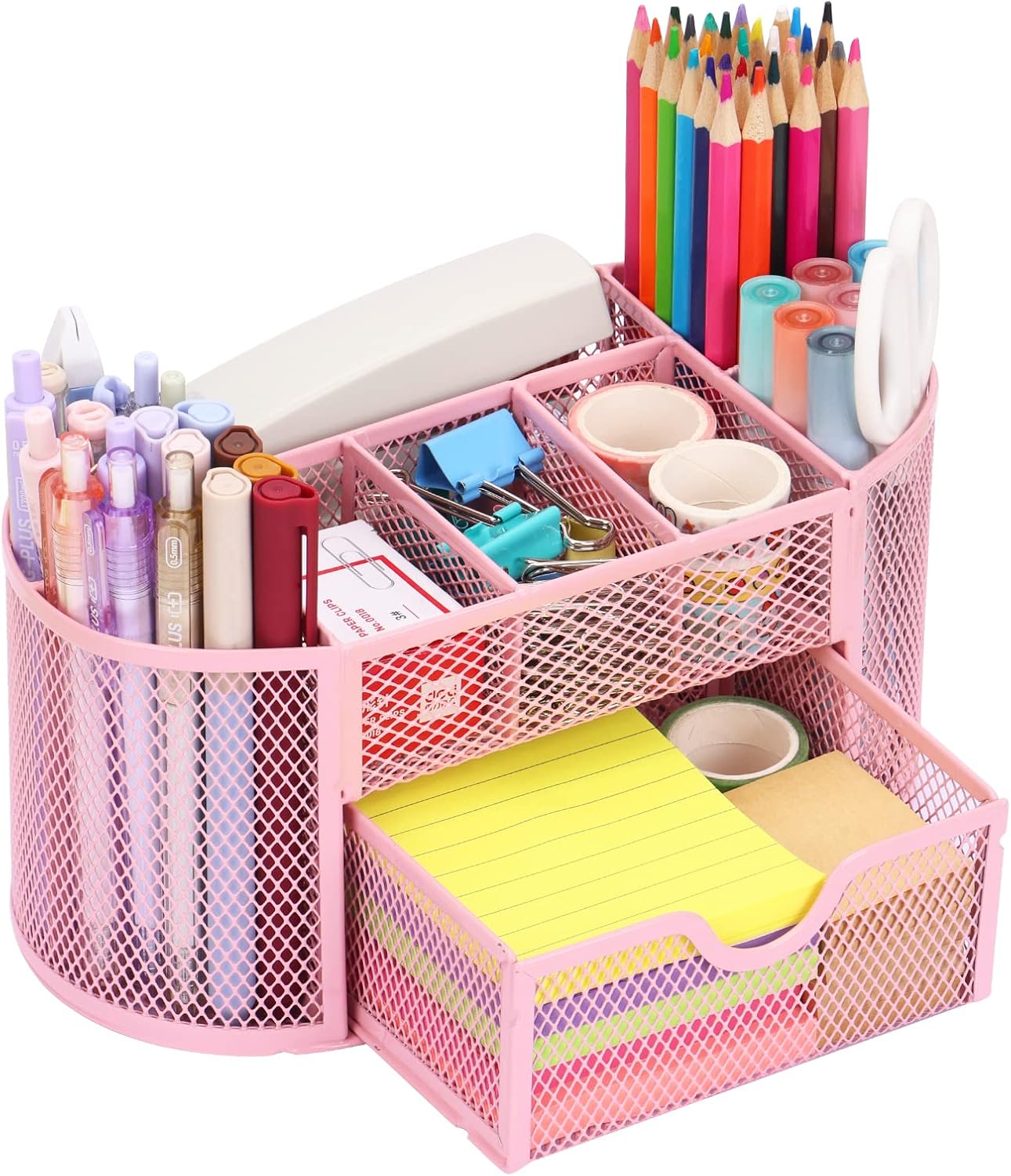 EOOUT Pink Desk Organizer, Pen Holder for Desk and Accessories, Mesh Desk Organizer with 8 Compartments and 1 Drawer for Office Home School Classroom