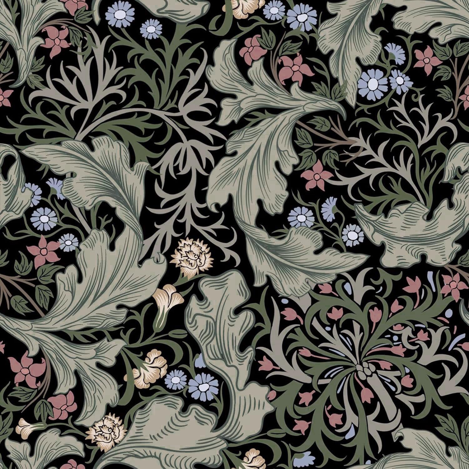 Abyssaly William Morris Wallpaper Boho, Green Pink Black Vintage Peel and Stick for Bedroom, Floral Removable Wallpaper for Walls and Cabinet 17.7 in X 118 in