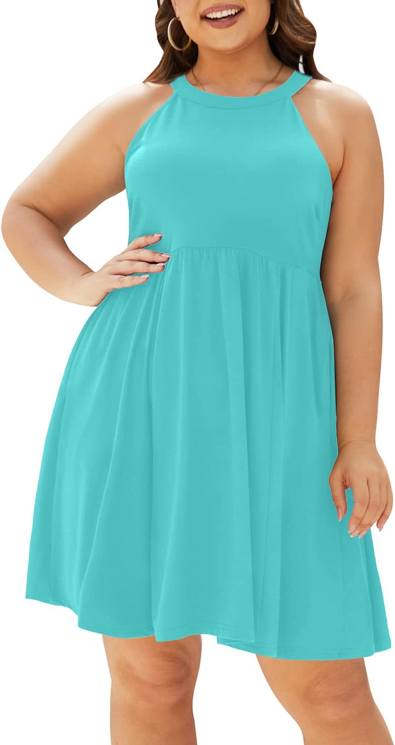 Pinup Fashion Women' Summer Halter Neck Sundress Plus Size Casual Sleeveless Short Swing Dresses with Pockets