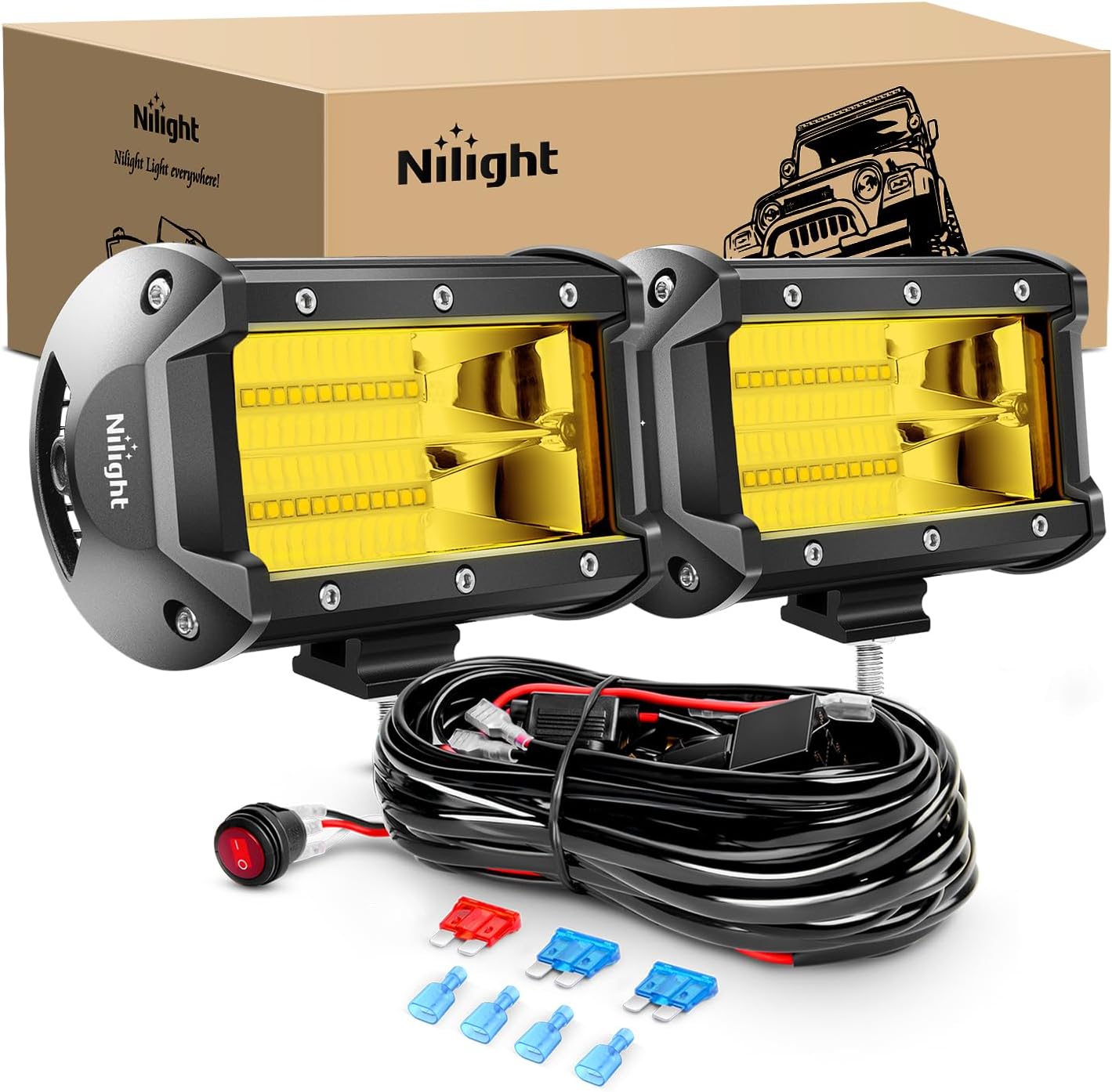 Nilight - ZH304 Led Light Bar 2PCS 5Inch 72W 10800Lumens Yellow Flood Beam Fog Driving Lamps Off-Road Lights with 16AWG Wiring Harness Kit-2 Lead, 2 Year Warranty