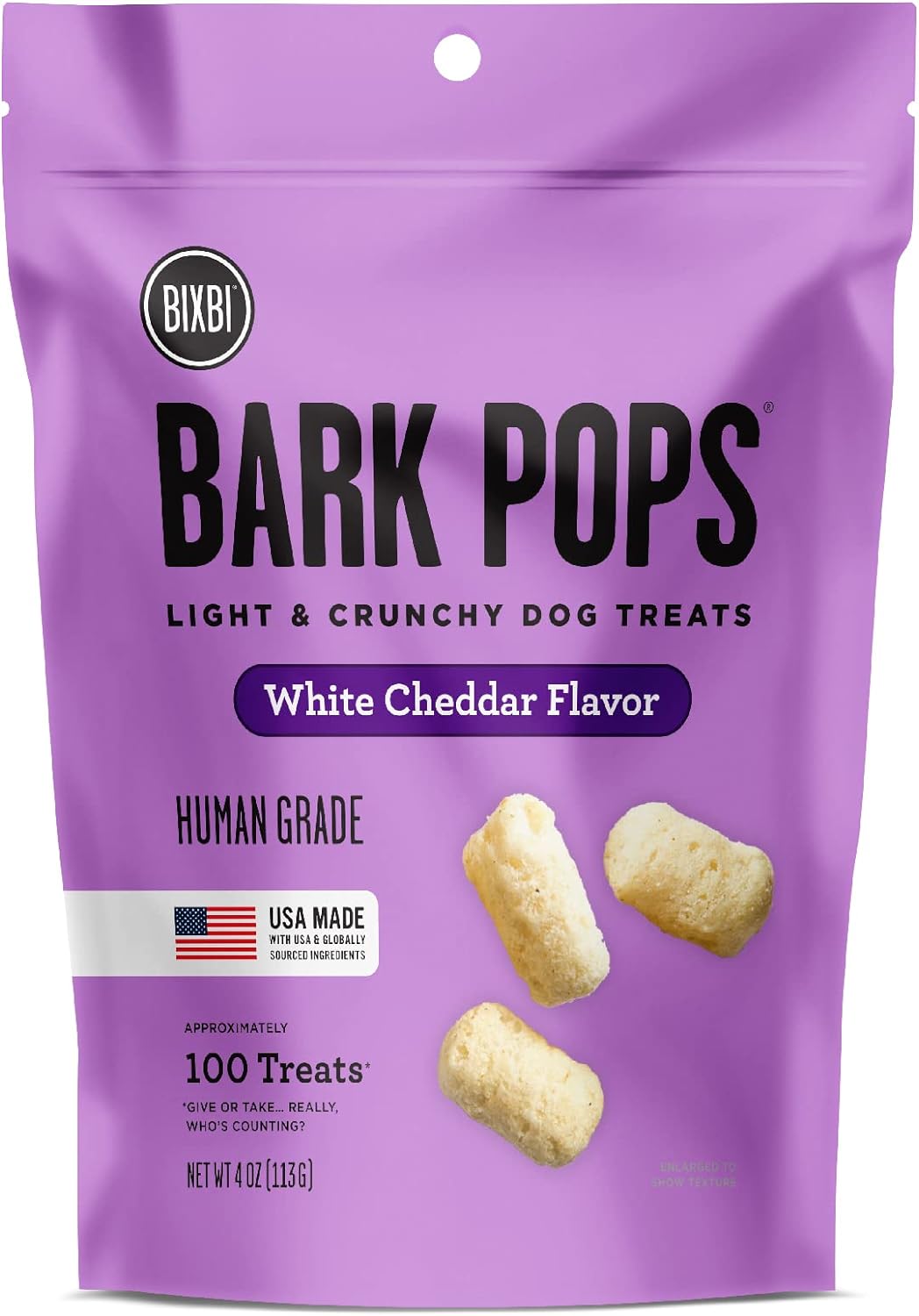 BIXBI Bark Pops, White Cheddar (4 oz, 1 Pouch) - Crunchy Small Training Treats for Dogs - Wheat Free and Low Calorie Dog Treats, Flavorful Healthy and All Natural Dog Treats