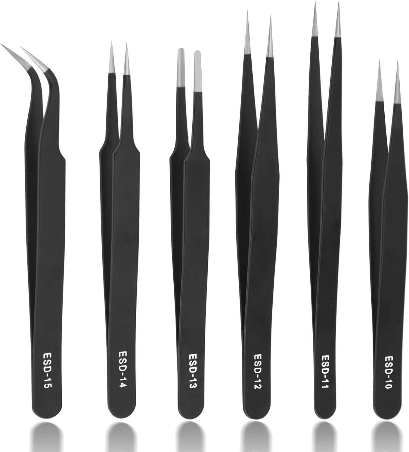 Precision Tweezers Set, 6 PCS ESD Tweezers Set, Anti-Static Stainless Steel Tweezers Kit, Angled/Bent Tip/Flat Head and Stainless Steel Tweezers for Lab, Electronics, Jewelry and Detailed Work