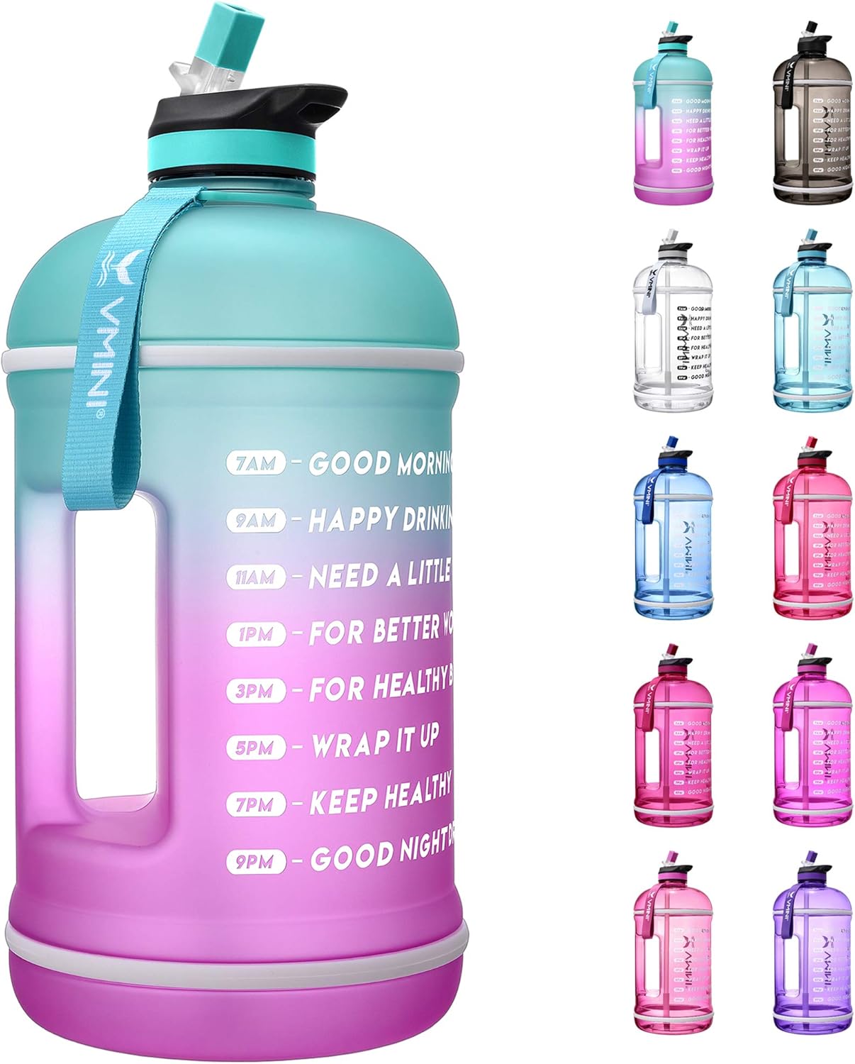 Vmini Water Bottle with Time Marker, Motivational Water Bottle & 1 Gallon Water Bottle with Time Marker to Drink More Daily - Leakproof Reusable Gym Sports Outdoor Large Capacity (Mint and Purple)