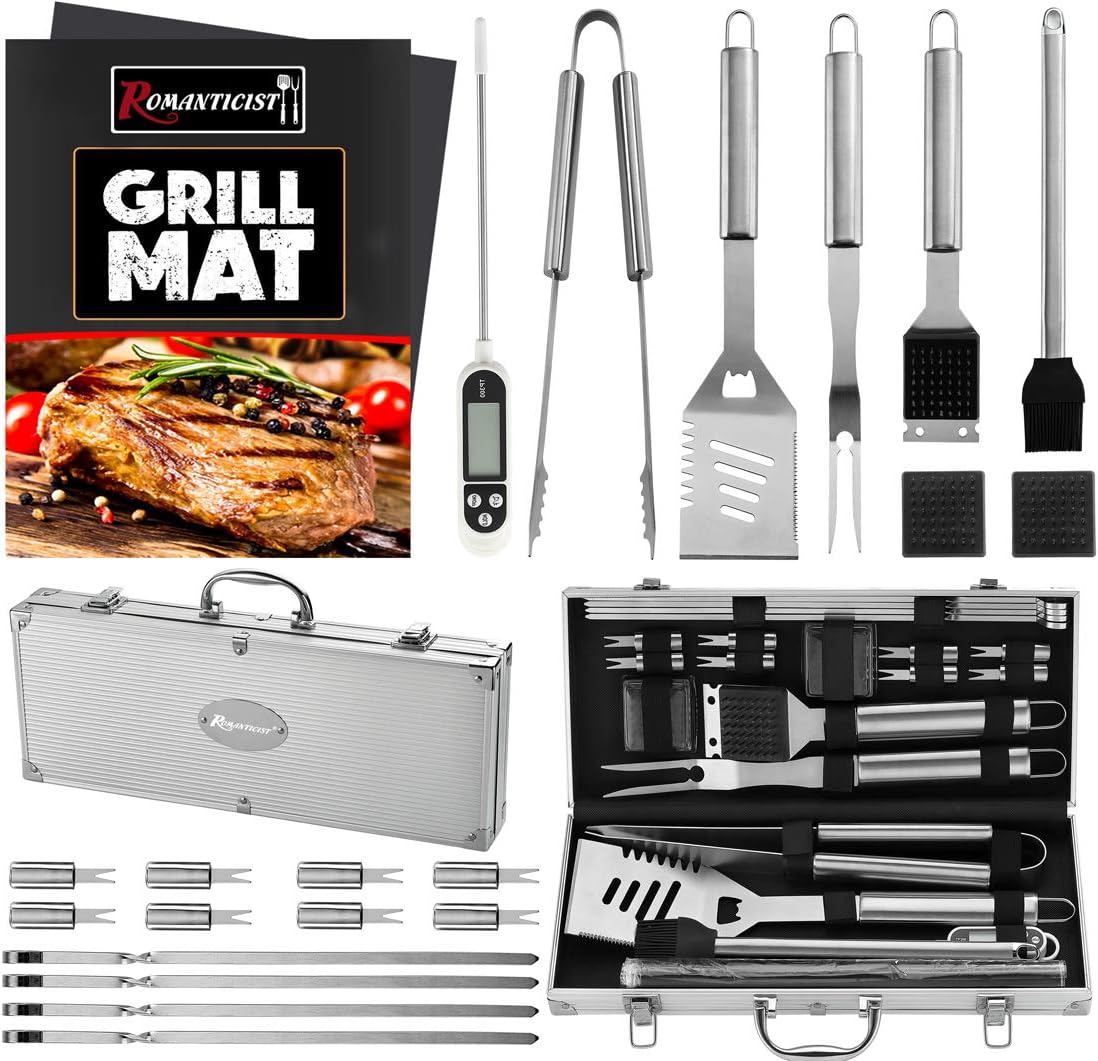 ROMANTICIST 23pc Must-Have BBQ Grill Accessories Set with Thermometer in Case - Stainless Steel Barbecue Tool Set with 2 Grill Mats for Backyard Outdoor Camping - Father' Day Best Barbecue Gift