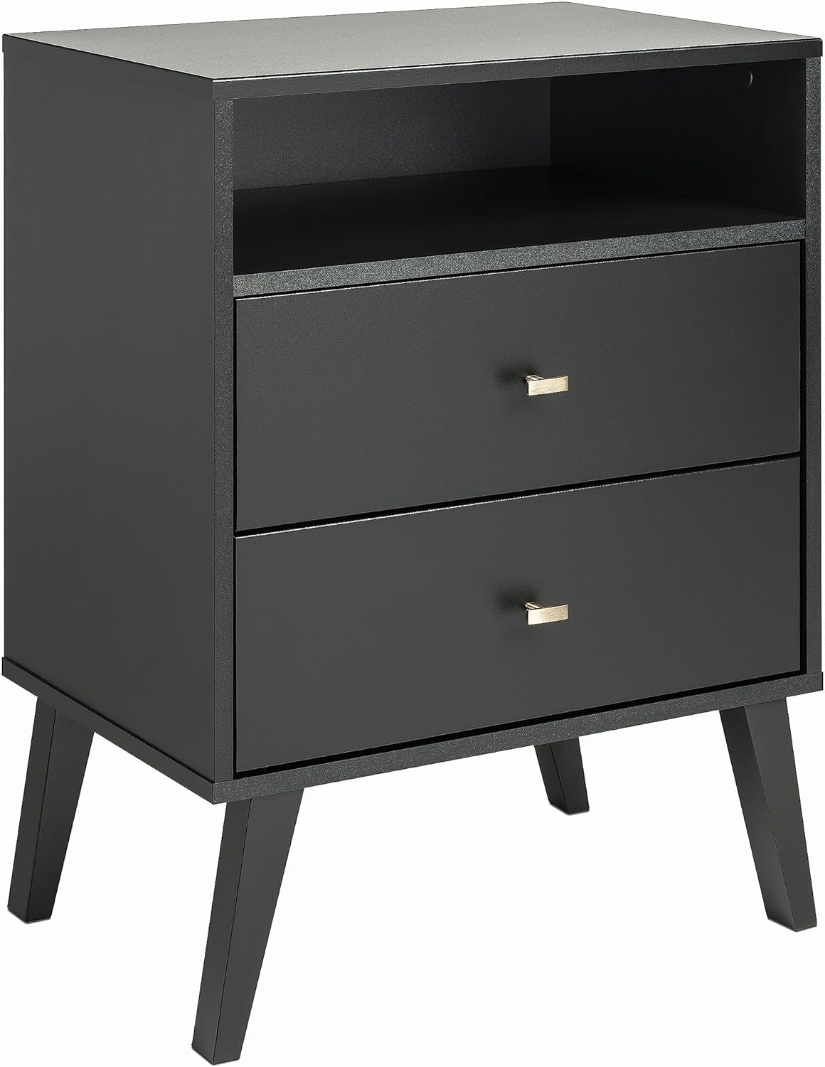 Prepac Milo Mid-Century Modern 2 Drawer Nightstand With Open Shelf, 16D x 22.5W x 29.5H, Black