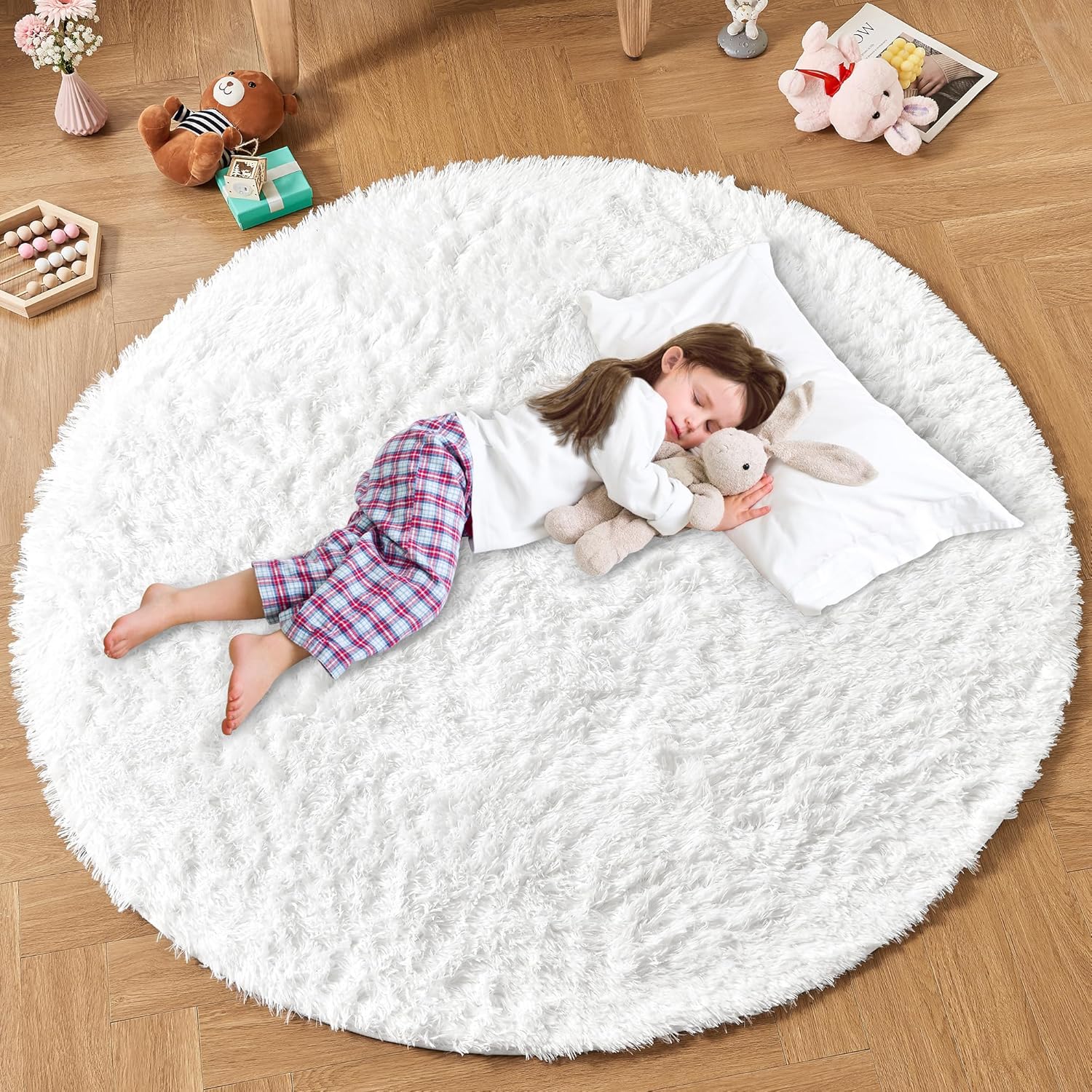 Andency White Round Area Rug 5x5 for Bedroom, Fluffy Shag Circle Rug for Kids Room, Faux Fur Carpet for Nursery, Fuzzy Plush Circular Rug for Living Room, Playroom, Teen' Room