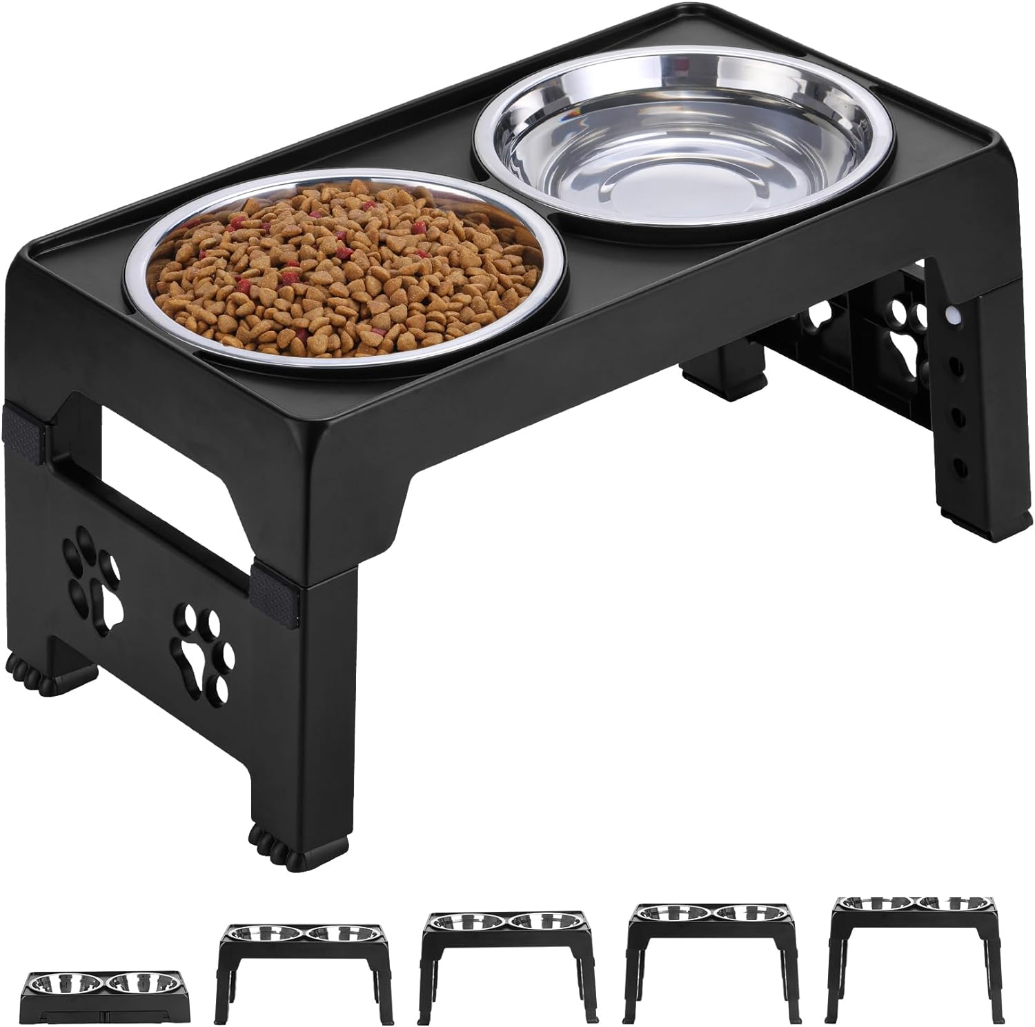 LALOBLUE Elevated Dog Bowls, Raised Dog Bowl with 2 Stainless Steel Dog Food Bowls, Dog Bowls Stand Adjusts to 5 Heights 2.95", 8.46", 9.65", 10.82", 12.01" for Small Medium Large Dogs Cats Pets,Black