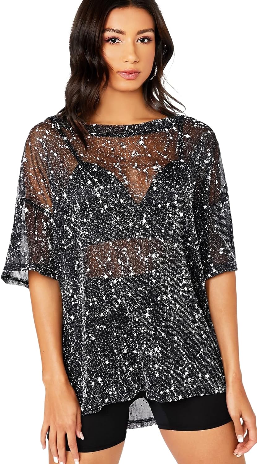 WDIRARA Women' Glitter Sheer See Through Short Sleeve Mesh Top Tee Blouse