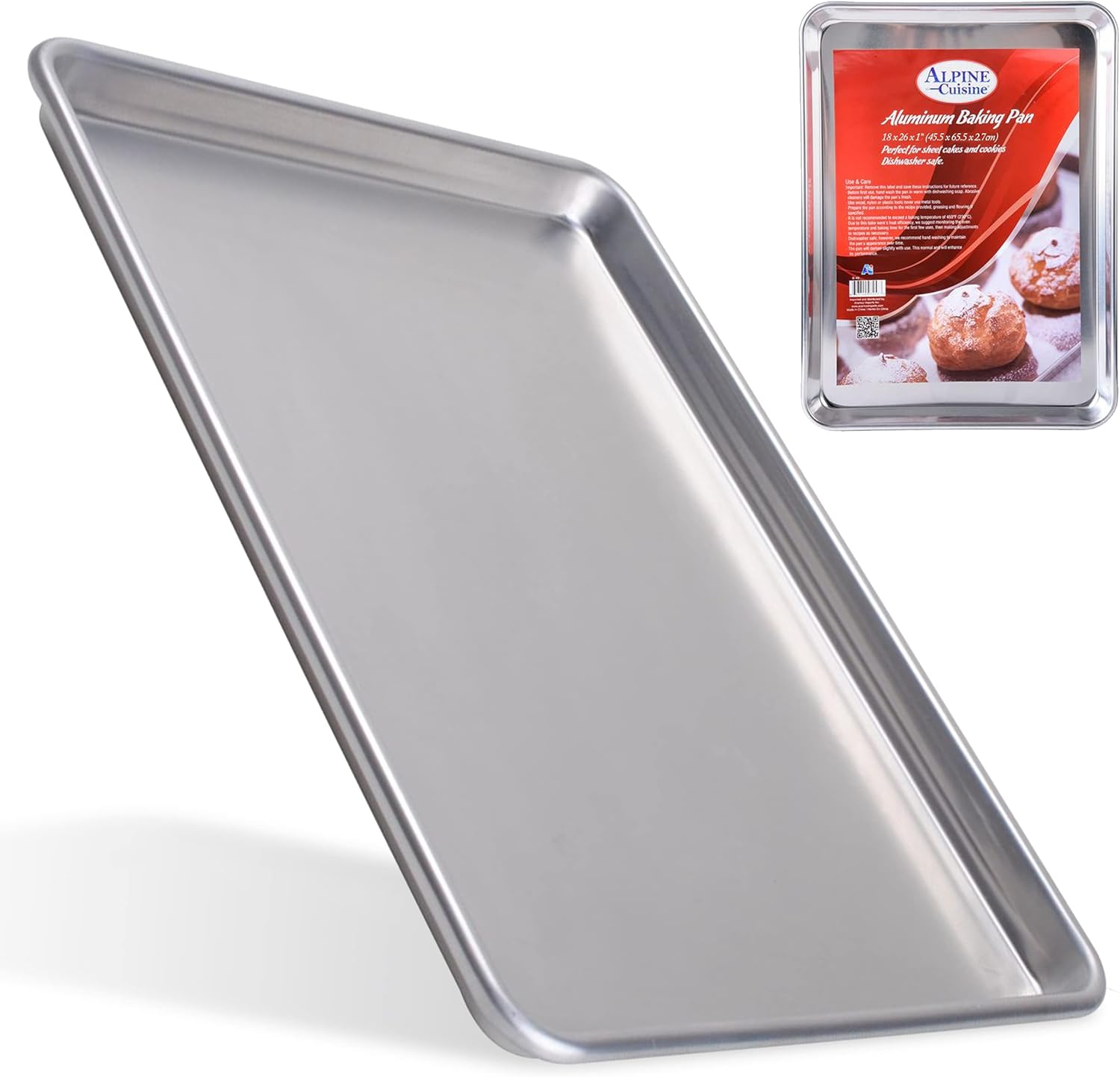 Alpine Cuisine Professional Full Aluminum Cookie Sheet 18x26-inch - Rimmed Baking Sheets for Oven - Durable, Oven-Safe, Easy to Clean, Commercial Quality - Great for Roasting & Baking