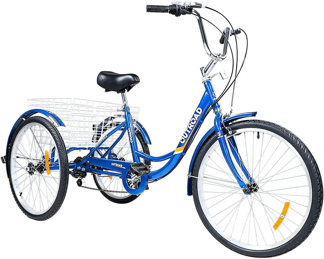 24/26 Inch Tricycle 7-Speed 3 Wheel Cruiser with Large Basket,Front and Rear V-Brakes,Carbon and Iron Frame for Recreation, Shopping, Picnics, Adult Man and Women (Blue/Red)