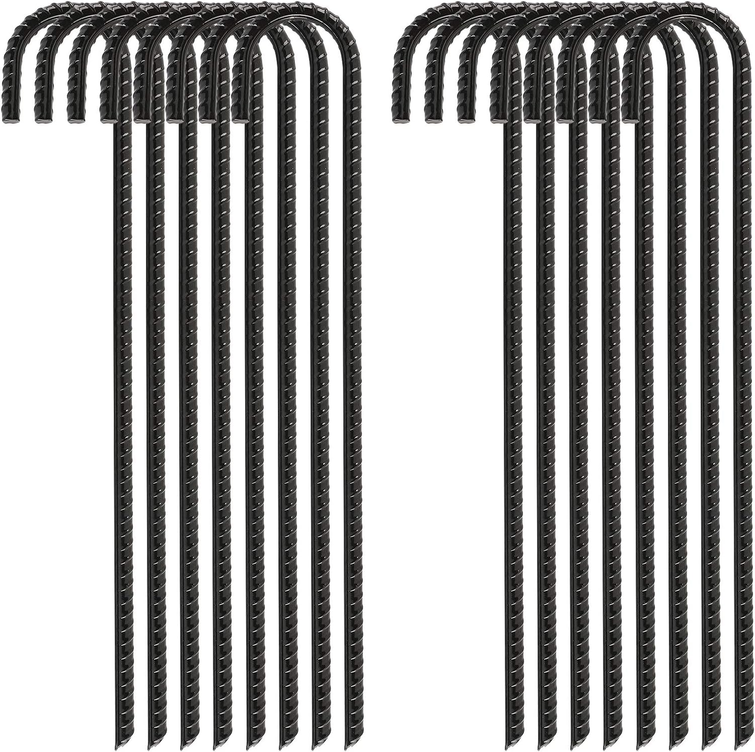 FEED GARDEN 16 Inch 16 Pack Rebar Stakes Heavy Duty J Hook, Galvanized Steel Ground Stakes Tent Stakes Ground Anchors, Chain Link Fence Stakes, Trampoline Stakes, Black