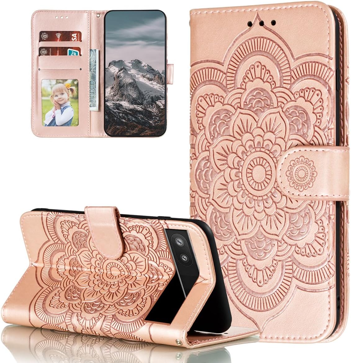 EYZUTAK Mandala Case for Google Pixel 6, Premium Leather Flip Wallet Card Slots Magnetic Stand Protective Cover Ultra Slim Case with Lanyard, Embossed Flip Cover-Rose gold