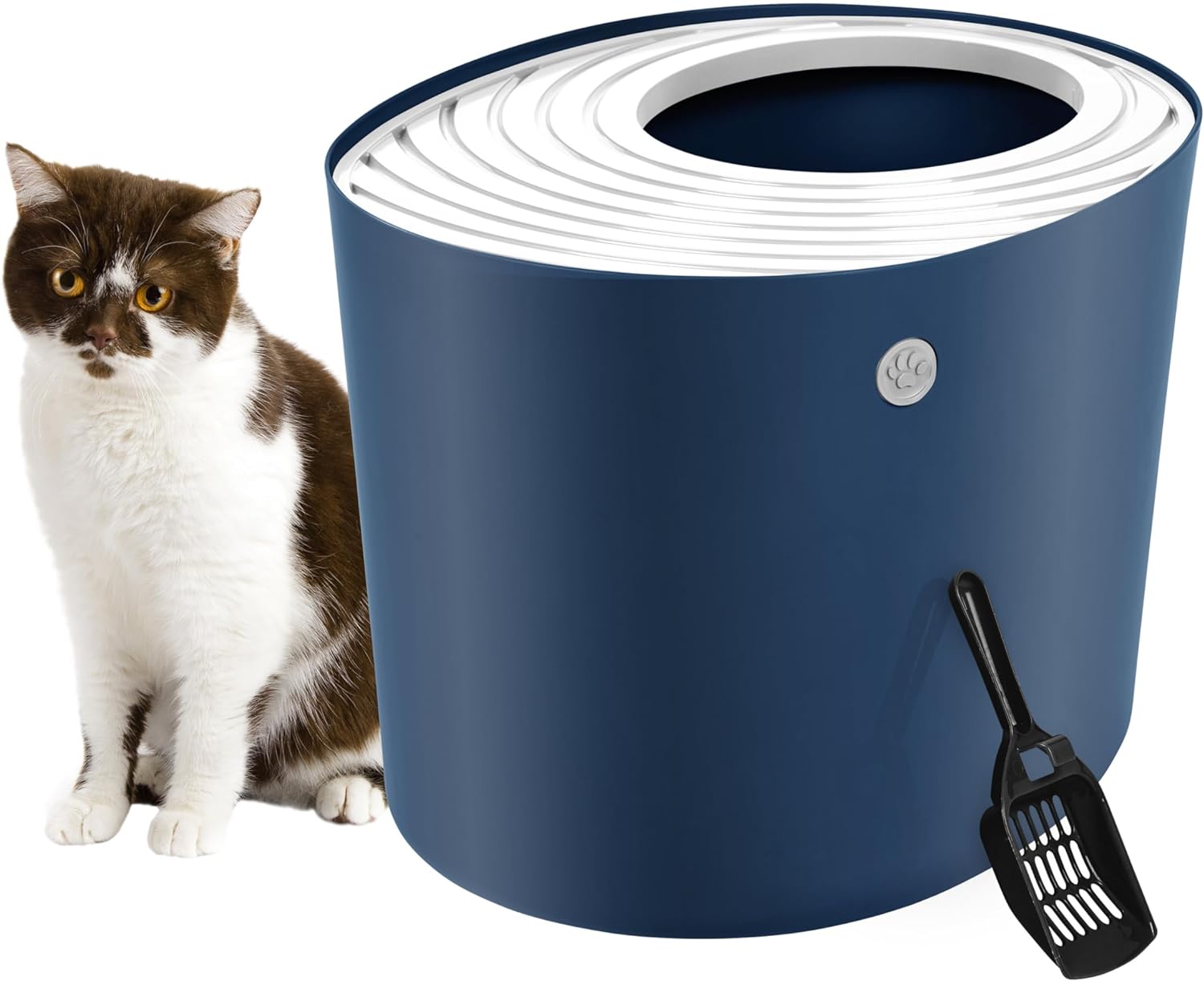 IRIS USA Large Stylish Round Top Entry Cat Litter Box with Scoop, Curved Kitty Litter Pan with Litter Particle Catching, Navy/White