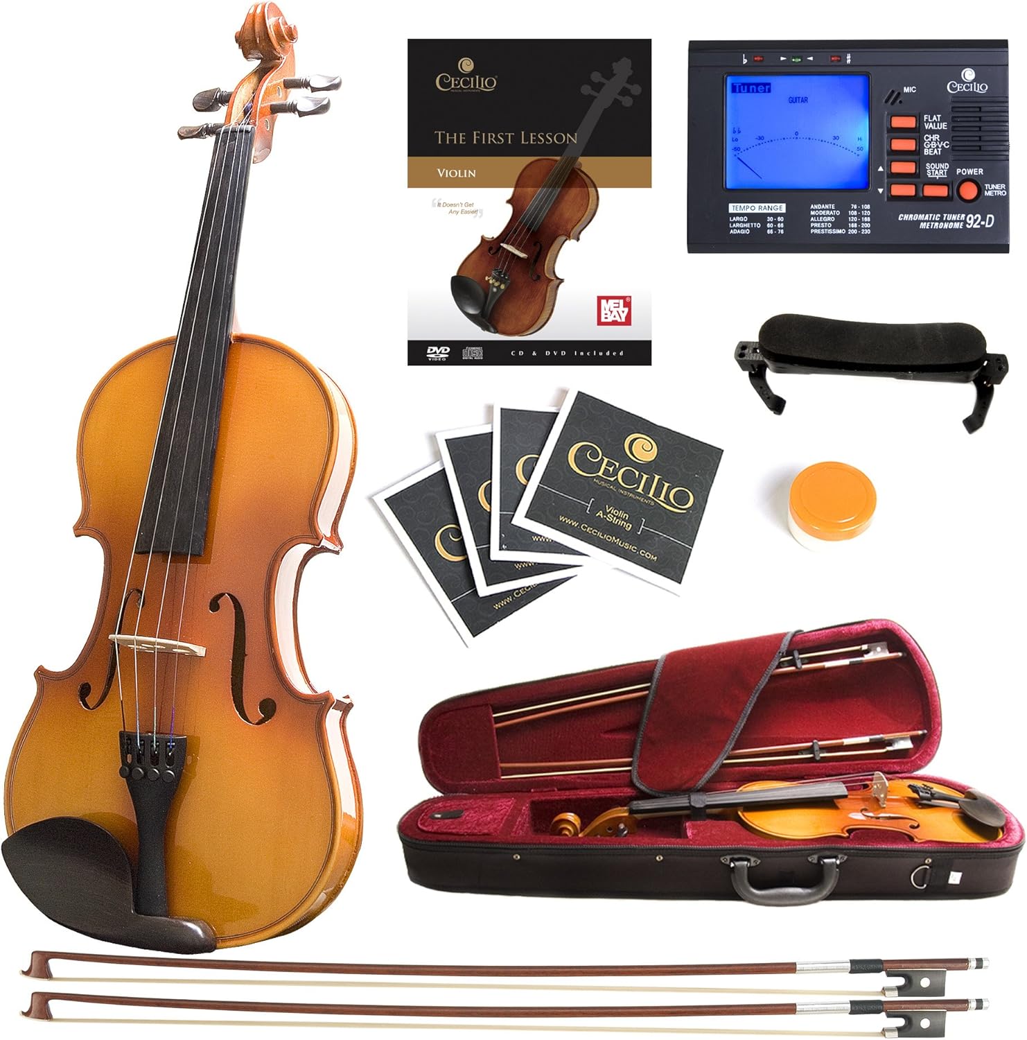 Mendini by Cecilio Violin Instrument - MV400 Size 4/4 Acoustic Violin with Bow, Case, Tuner, Metronome & Extra Strings, Kids & Beginner Violin, Maple Varnish, Full Size Violin