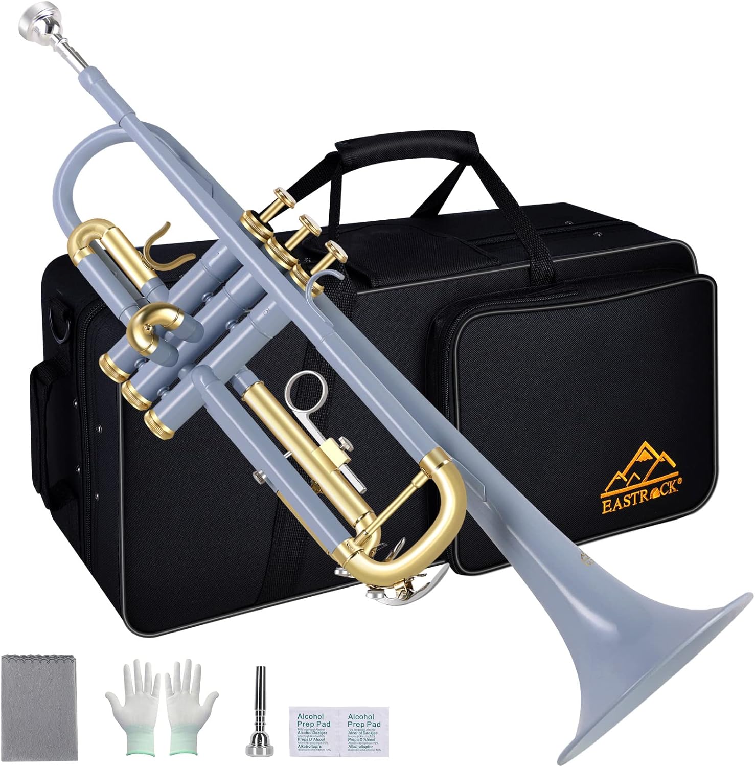 EASTROCK Bb Trumpet Standard Trumpet Set with Carrying Case,Gloves, 7C Mouthpiece, Cleaning Kit, Tuning Rod, Gray (Hand Carved Craft)