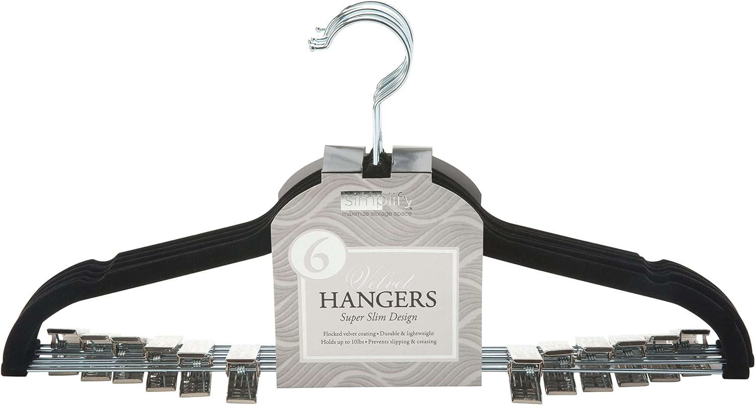 Simplify Velvet Hangers - Plastic Hangers with Zink Hooks - Hangers for Pants, Shirts, Clothes - Black - Pack of 6-0.16 x 16.93 x 9.06