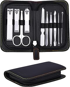 FIXBODY Nail Clippers Set, Professional Manicure set and Pedicure Kit, 10 Pieces Nail Care Kit, Toenail Clippers with Black Leather Case, Gift for Men and Women