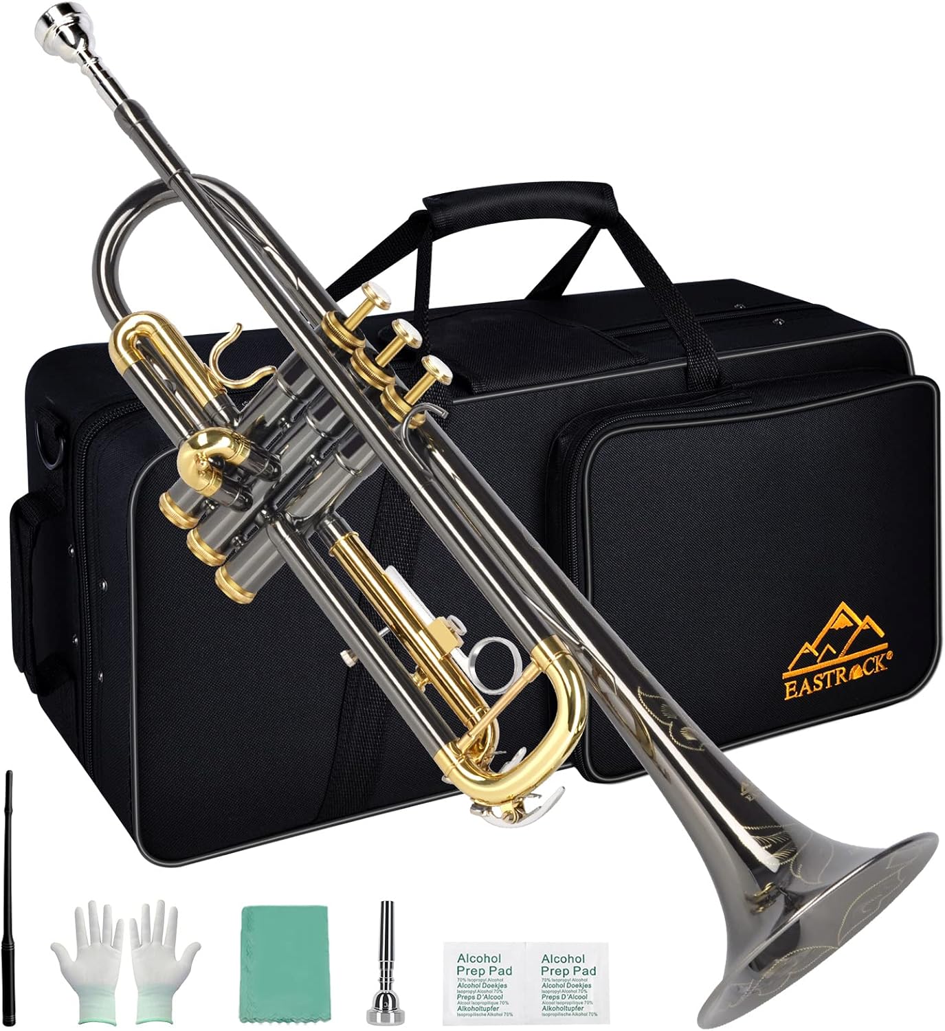 EASTROCK Bb Trumpet Standard Trumpet Set with Carrying Case,Gloves, 7C Mouthpiece, Cleaning Kit, Tuning Rod, Black Nickel,Hand Carved Craft