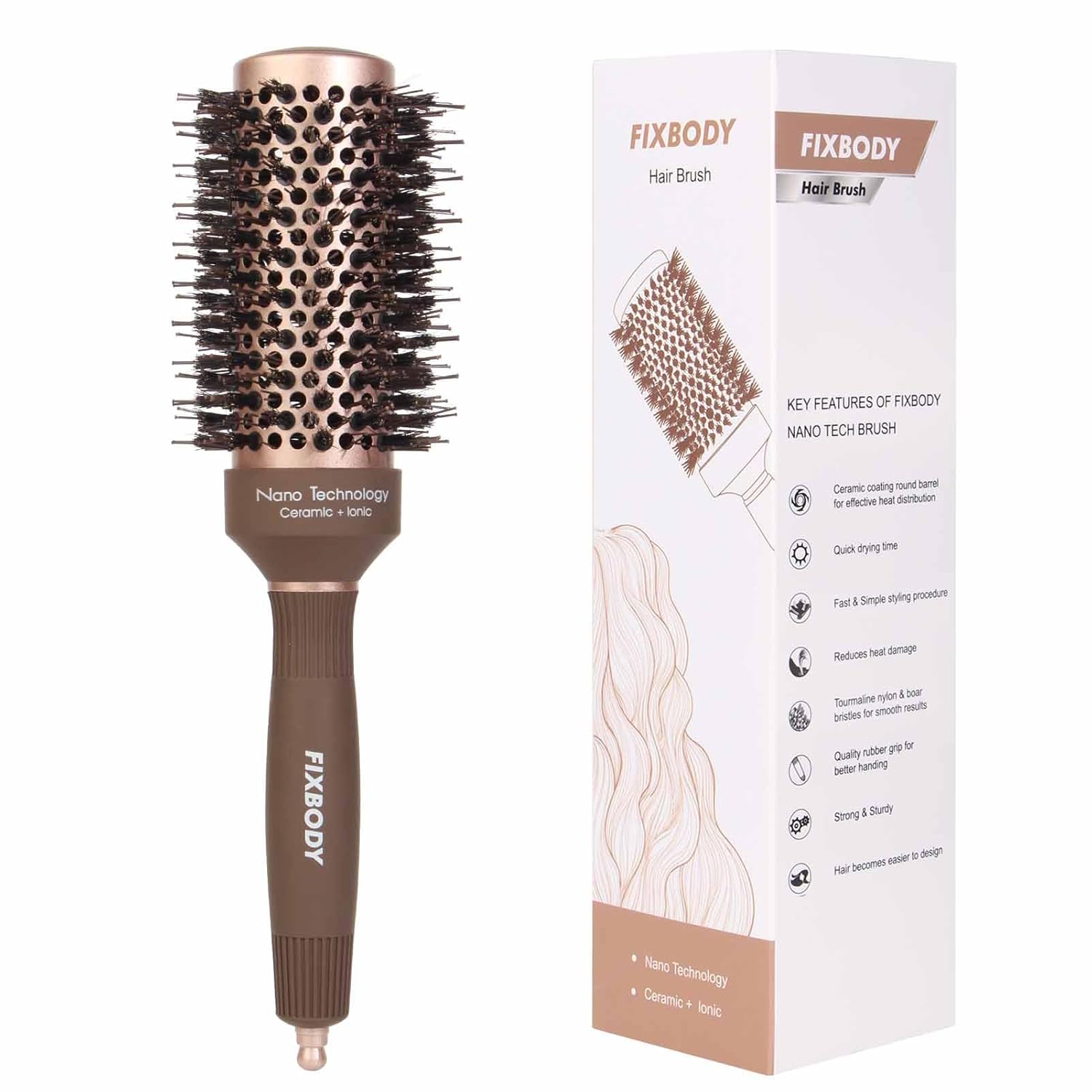 FIXBODY Round Brush for Blow Out, Hair Brush with Boar Bristles, Nano Ionic Thermal Ceramic, Round Brush for Blow Drying, Roller Brush for Styling, Curling, Straightening (3 inch, Barrel 1.7 inch)