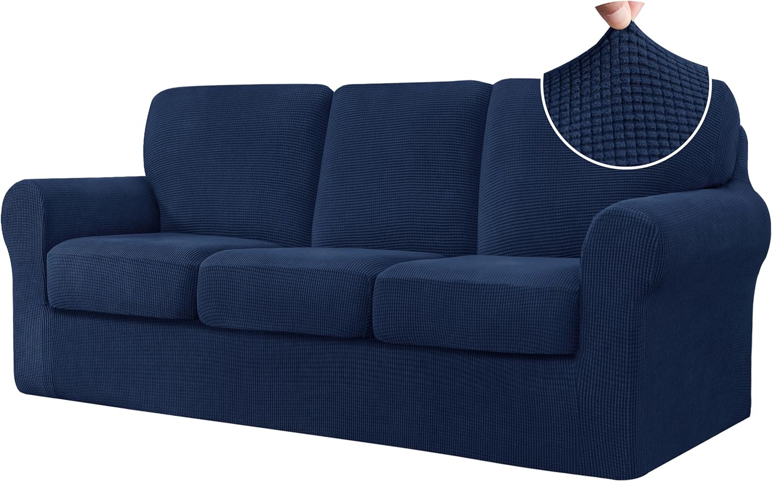 CHUN YI 7 Piece Stretch Sofa Covers for 3 Cushion Couch Covers, 3 Seater Couch Slipcover with 3 Separate Backrests and Cushions with Elastic Band, Checks Spandex Jacquard Fabric(Large, Dark Blue)