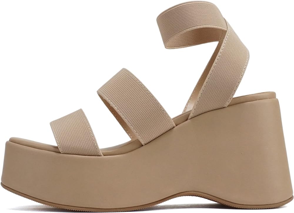 Soda CONEY ~ Women Open Square Toe Platform Flatform Double Elastic Band Ankle Strap Wedge Sandal