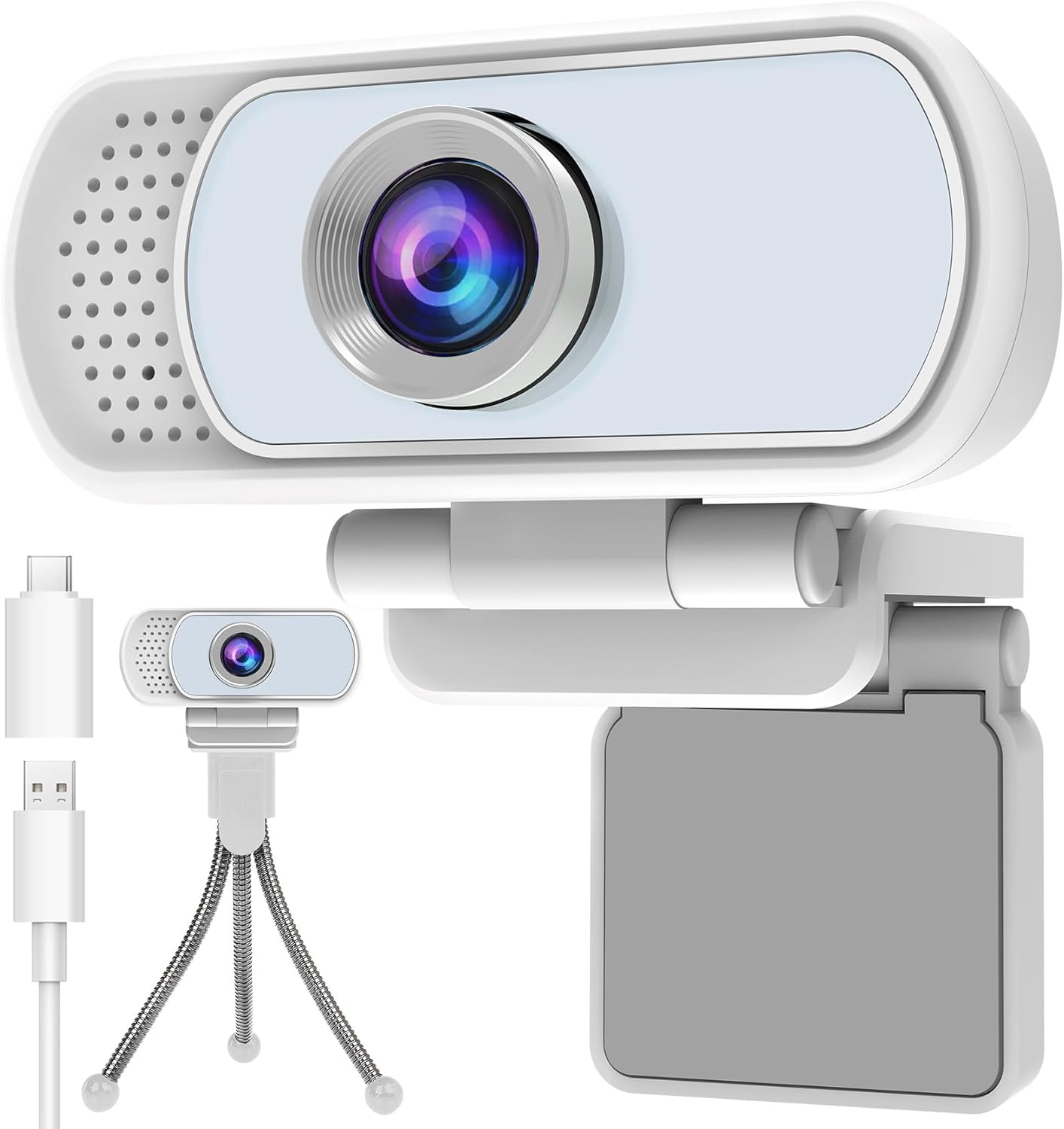 Webcam with Microphone,Webcam 1080p White,USB Web Camera 110-Degree View Angle Computer Camera,Webcam Tripod/Privacy Cover/USB C Adapter Include,Plug and Play for Video Conferencing