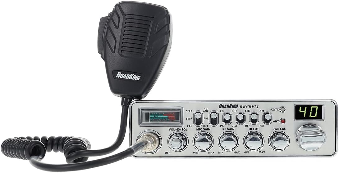 RoadKing RKCBFM Dual-Mode AM/FM CB Radio for Truckers Full 40 Channels Pro Emergency Channel CB with Noise-Cancelling Mic Large Display - Silver