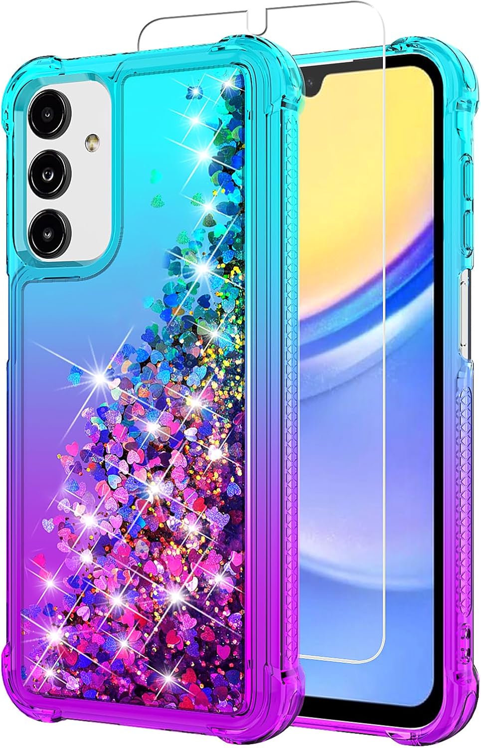 for Galaxy A15 5G Phone Case,Samsung Galaxy A15 5G Case,with HD Screen Protector,Gradient Quicksand Glitter Liquid Floating Cute Phone Case for Samsung A15 5G (Teal/Purple)