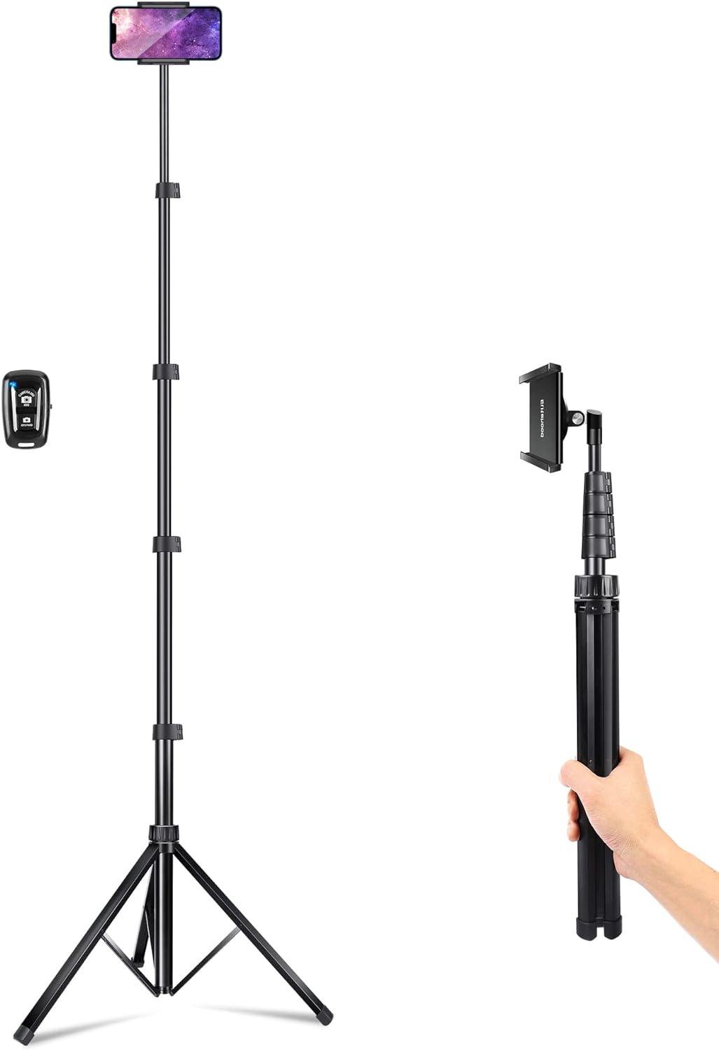 Elitehood 62" Phone Tripod [Portable & Flexible 360° Tripod Without Screwing Hassel], Extendable Cell Phone Tripod Stand with Remote, Travel Tripod Compatible with iPhone Android Phone (Black)