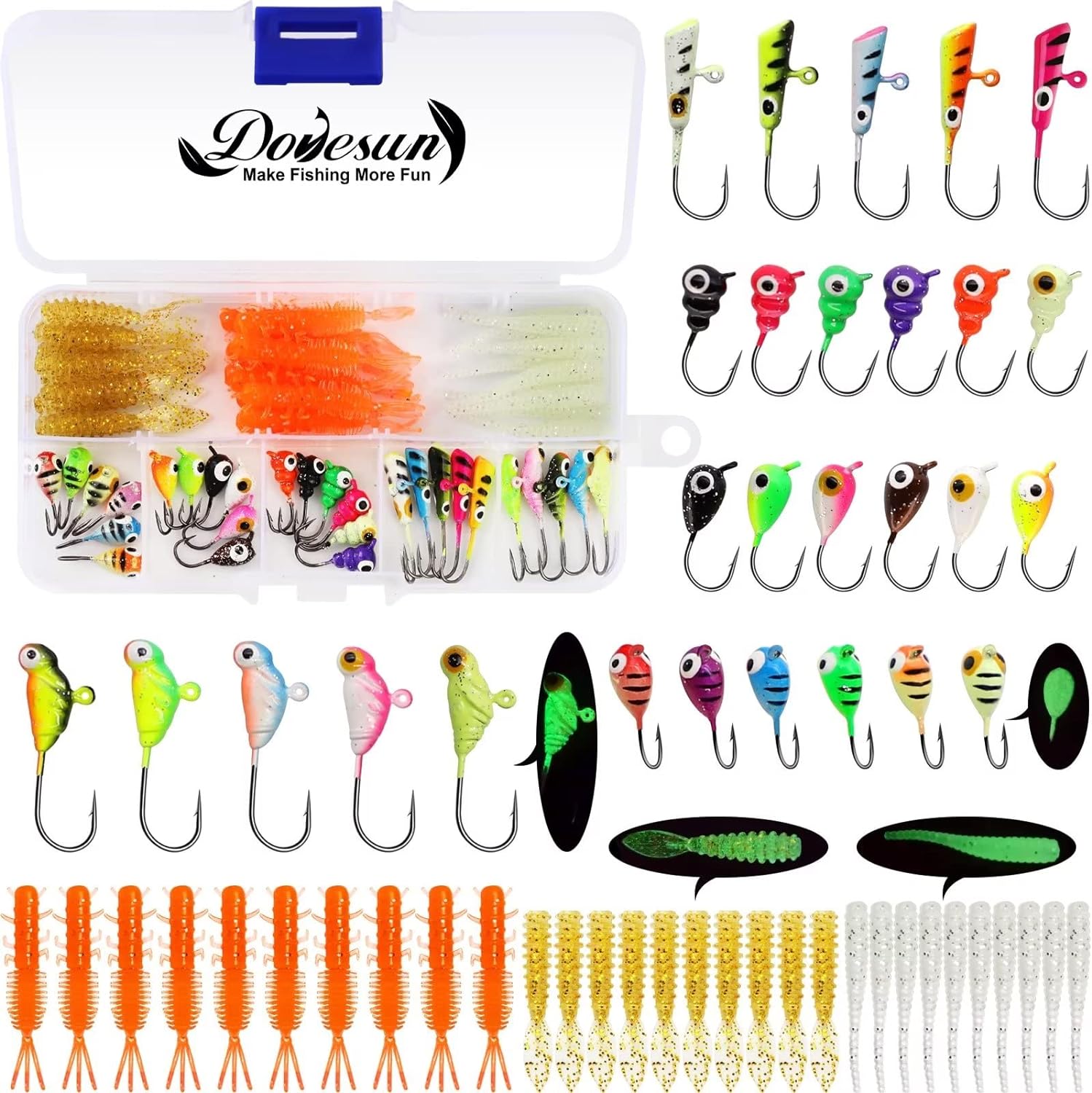 Dovesun Fishing Kit Ice Fishing Jigs Ice Fishing Lures Walleye Fishing Lures Crappie Jigs 28pcs/58pcs/34pcs/8Pcs