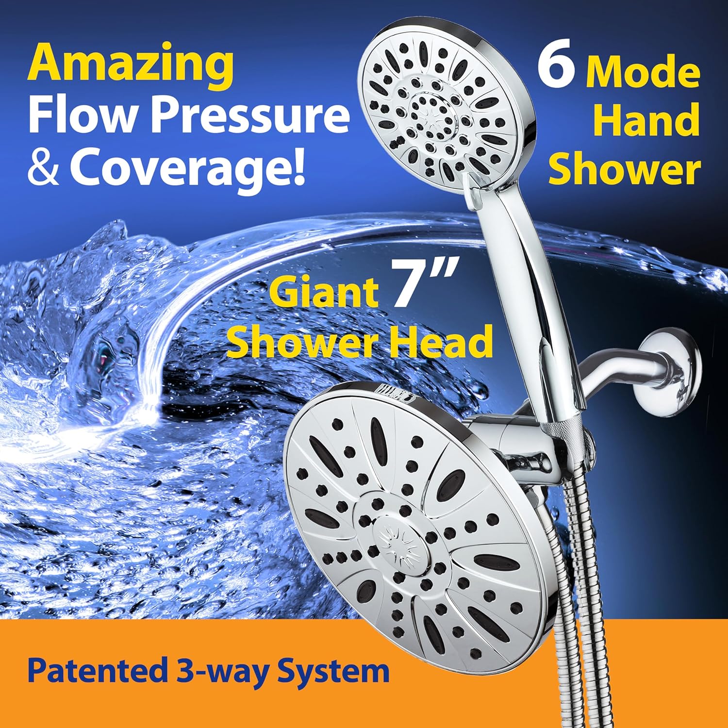 AquaDance 7 Premium High Pressure 3-Way Rainfall Combo Combines The Best of Both Worlds-Enjoy Luxurious Rain Showerhead and 6-Setting Hand Held Shower Separately or Together, Chrome