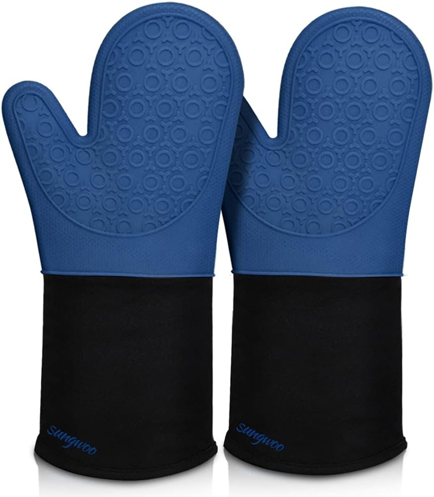 sungwoo Extra Long Silicone Oven Mitts, Durable Heat Resistant Oven Gloves with Quilted Liner Non-Slip Textured Grip Perfect for BBQ, Baking, Cooking and Grilling - 1 Pair 14.6 Inch Royal Blue & Black