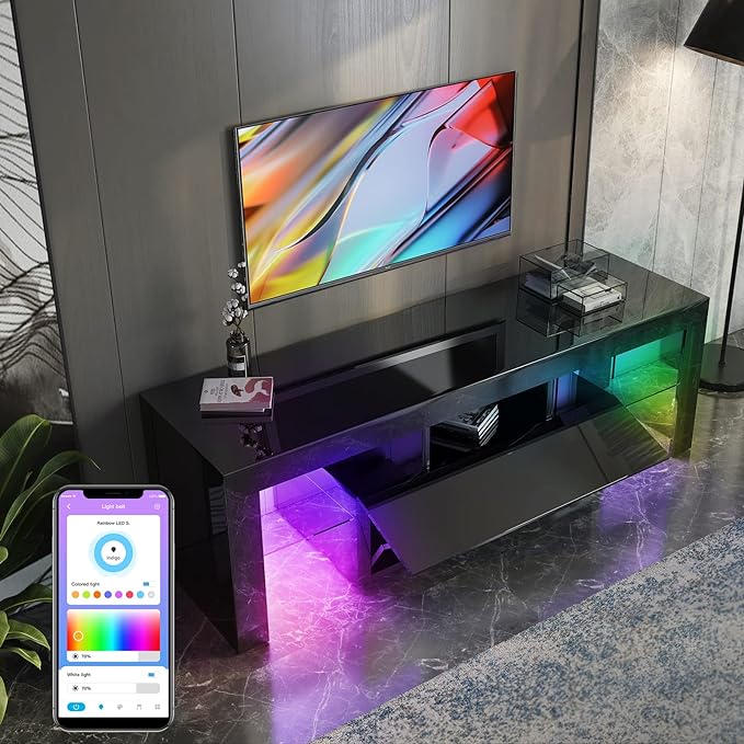 BALUS Black TV Stand with RGB LED Lights for 32/40/50/55 Inch TVs, Modern Gloss Entertainment Center with Color Changing Light and Storage Drawer, TV Console Cabinet with 2 Glass Open Shelves