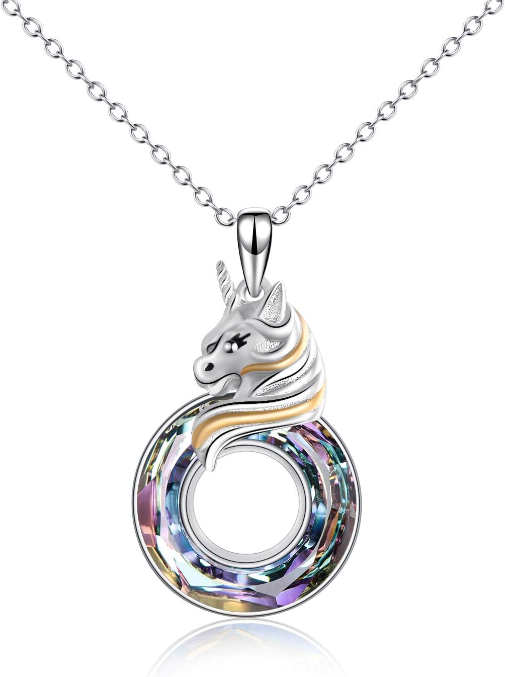 AOBOCO Unicorn Gifts, 925 Sterling Silver Unicorn Pendant Necklace with Circle Crystal, Birthday Jewelry Gift for Women Unicorn Lovers