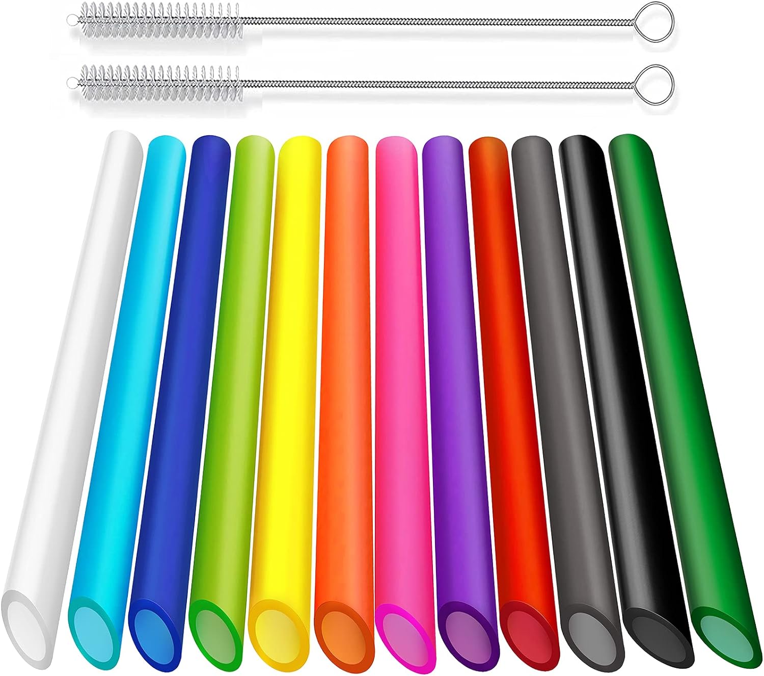 ALINK 12 PCS Reusable Boba Straws, 13 mm x 10.5 inch Long Wide Colored Plastic Smoothie Straws for Bubble Tea, Tapioca Pearls with 2 Cleaning Brush - Pointed Design