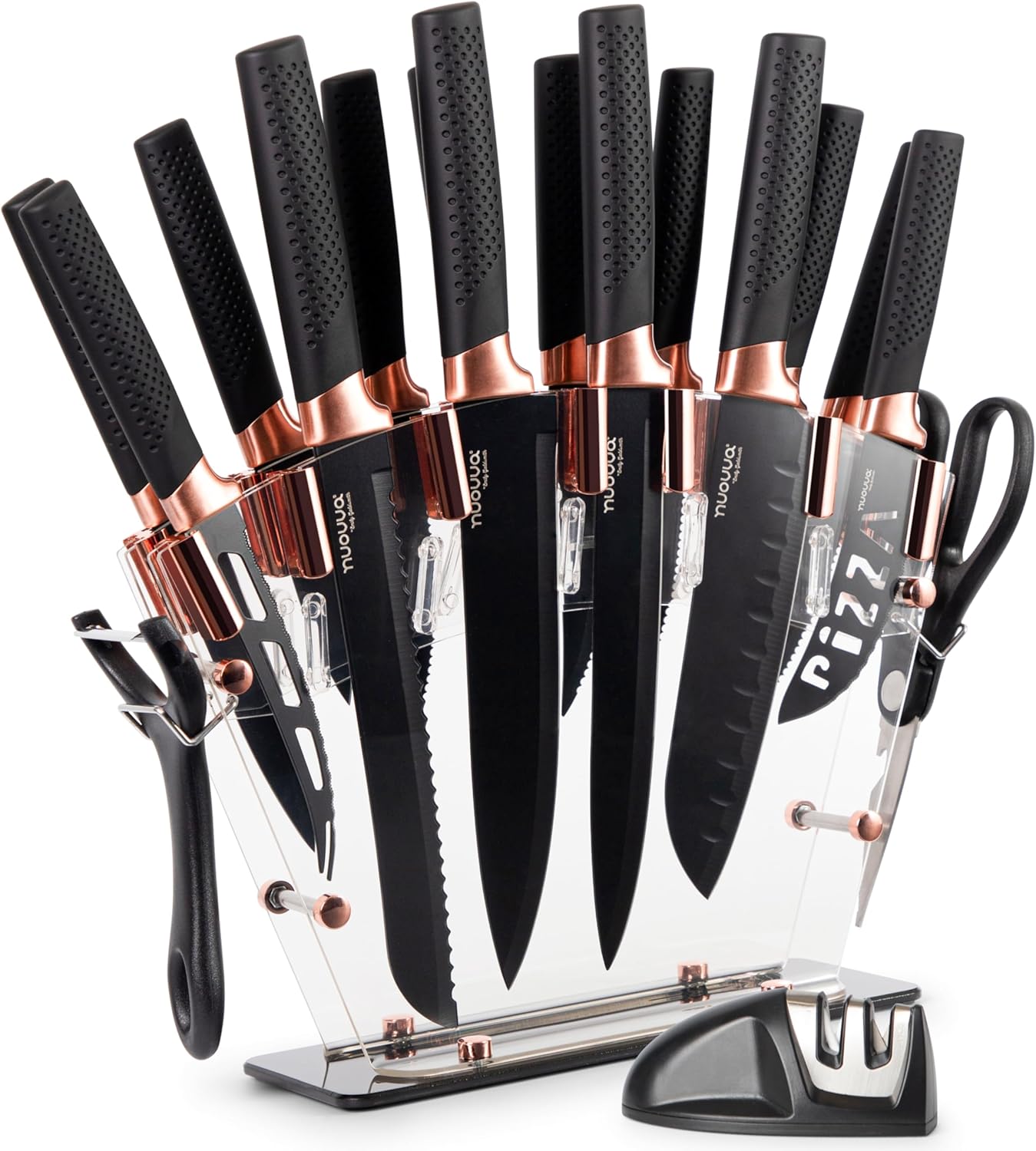 nuovva Professional Kitchen Knife Set with Block - Copper 17 Piece Knives Set With Steak Knives - Clear Acrylic Block High Carbon Stainless Steel Blades - With Knife Sharpener Peeler and Scissors