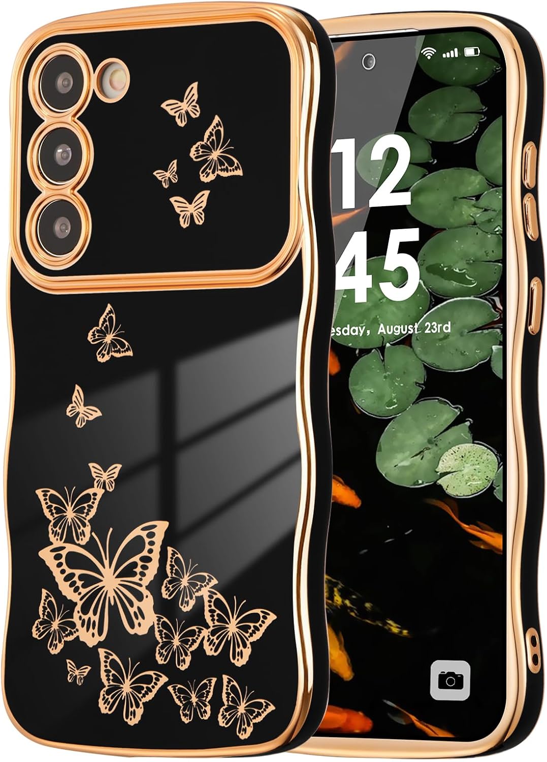 ZTOFERA for Samsung Galaxy S23 Case Cute for Girl Women, Curly Wave Golden Frame with Luxury Plating Butterfly Pattern, Soft TPU Shockproof Raised Lens Protection Phone Case for Samsung S23, Black