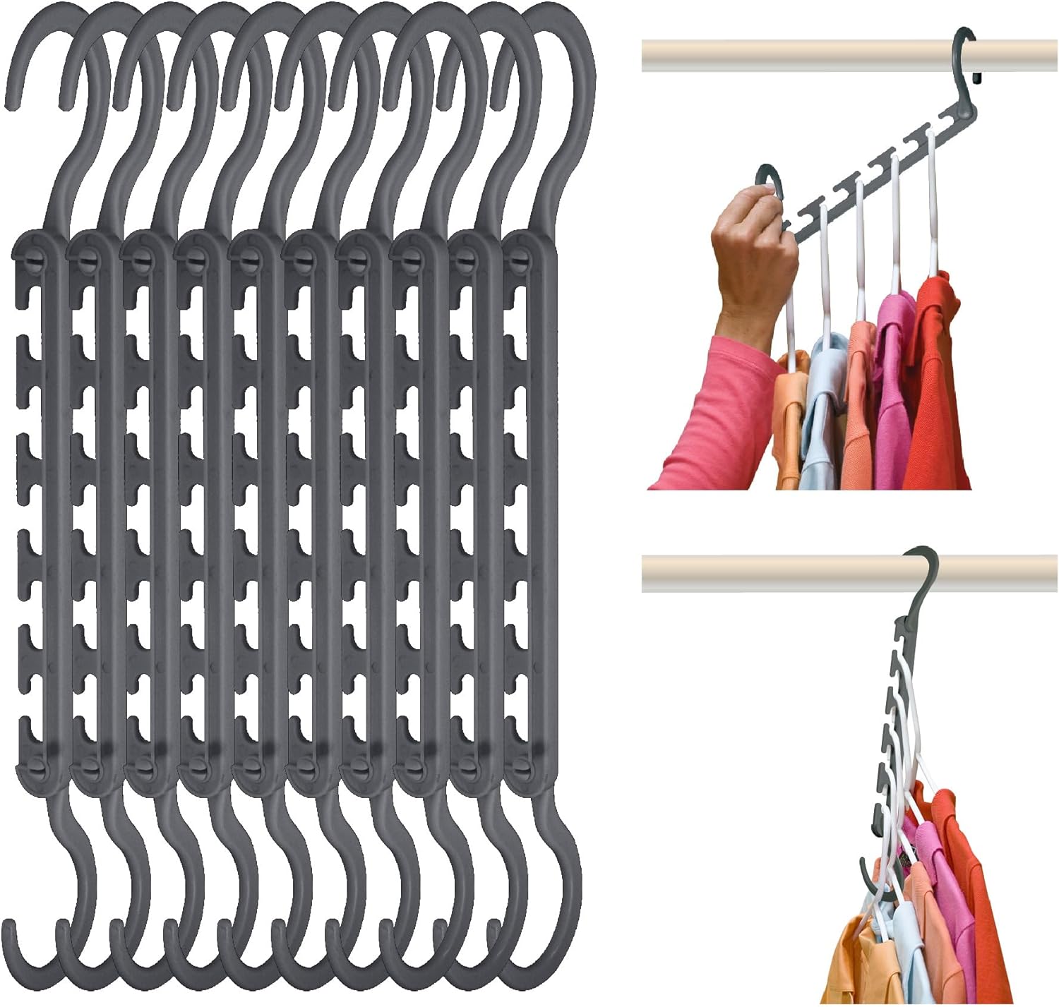 Max Pack of 10 Organizer, Triples Clothes-Hanger Space for Wrinkle-Free Clothes, Space-Saving Closet-Organization Hangers, Fully Assembled, Grey