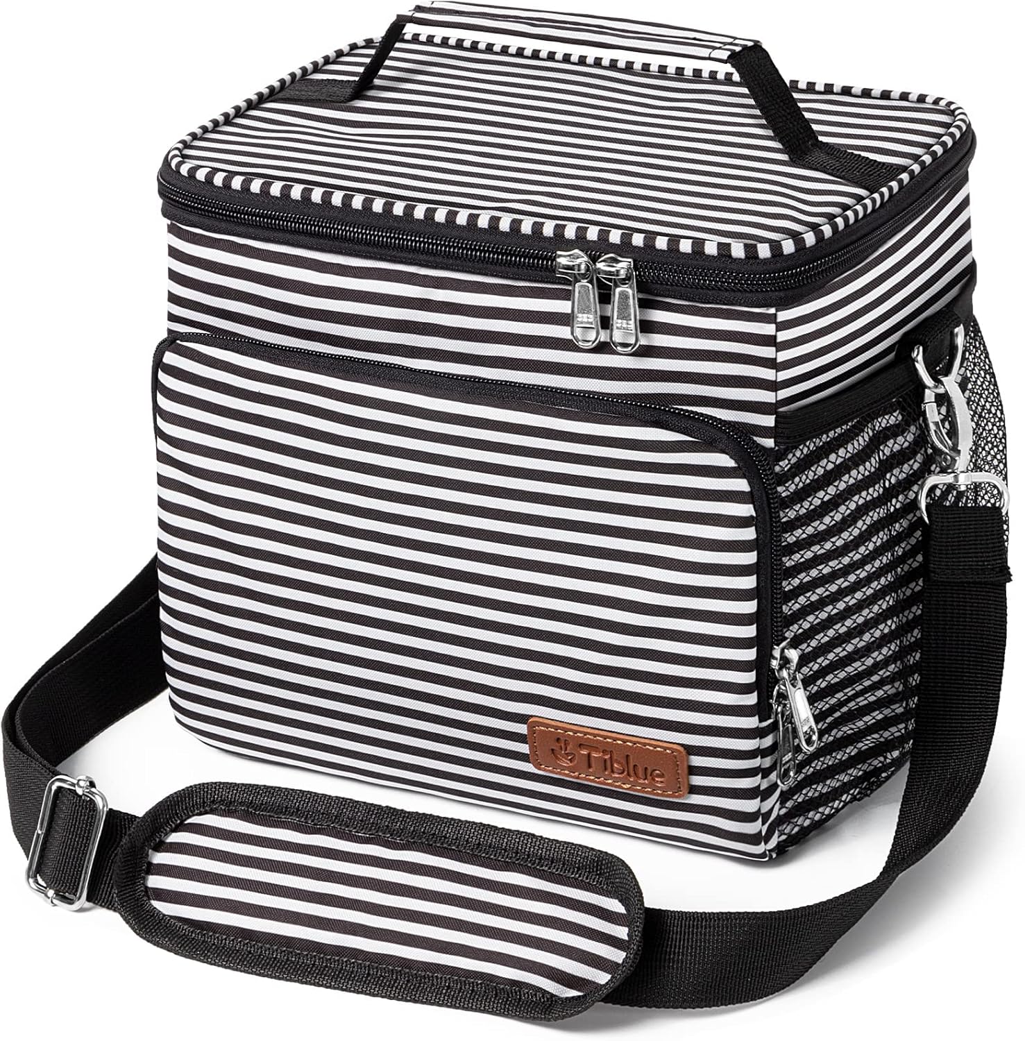 Tiblue Insulated Lunch Bag for Women/Men - Reusable Lunch Box for Office Work School Picnic,Leakproof Freezable Cooler Bag with Adjustable Shoulder Strap for Kid/Adult(Medium, Black & White Stripes)