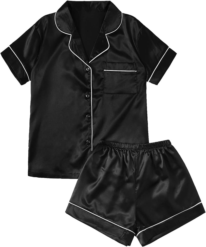 SweatyRocks Women&#39;s Short Sleeve Sleepwear Button Down Satin 2 Piece Pajama Set