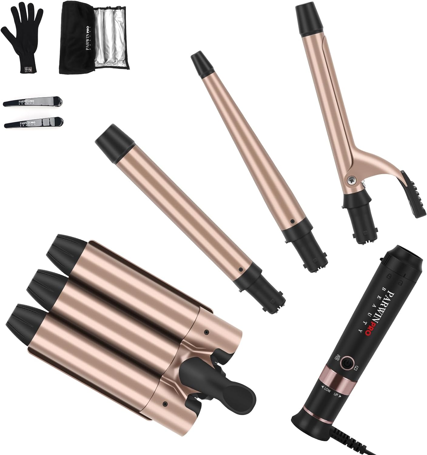 Curling Iron Wand Set, 32mm (1.25%22) Triple Ceramic Curling Iron, Hair Waves 4 in 1 Ceramic Barrel Interchangeable Include 0.75in with Clips, 1in, 1-1%2f2in, 1 1%2f4in Big Waves, 9 LED Temperature Control