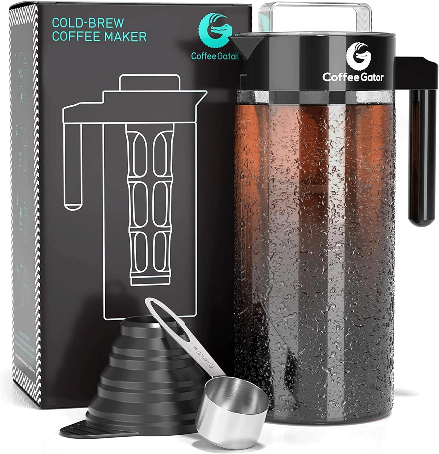 Coffee Gator Cold Brew Coffee Maker - 47 oz Iced Tea and Cold Brew Maker and Pitcher w/Glass Carafe, Filter, Funnel & Measuring Scoop - Black