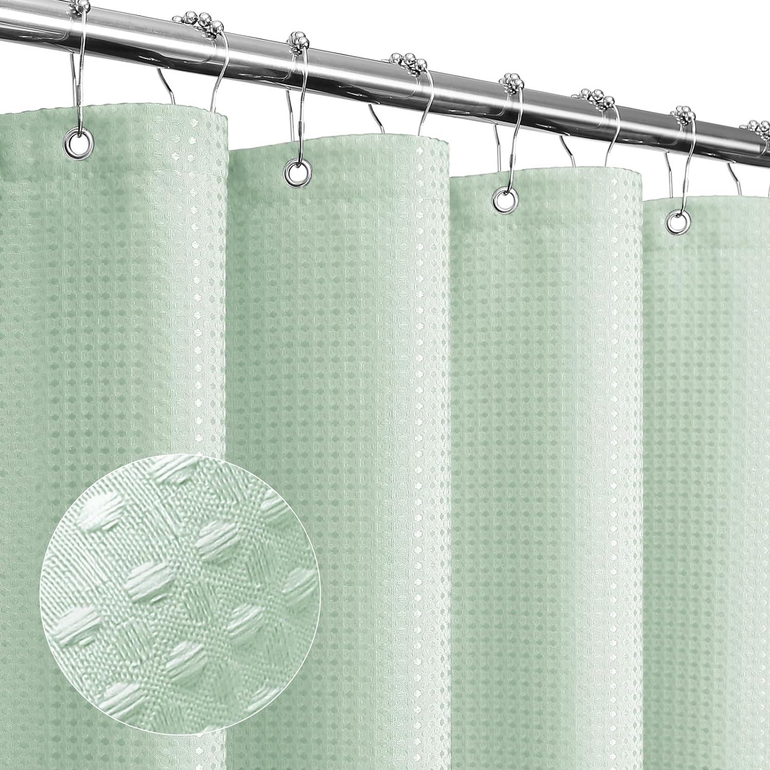 Gibelle Extra Long Shower Curtain 72 x 84, Tall Waffle Weave Textured Fabric Shower Curtain for Bathroom, Water Repellent, Machine Washable, Mint Green