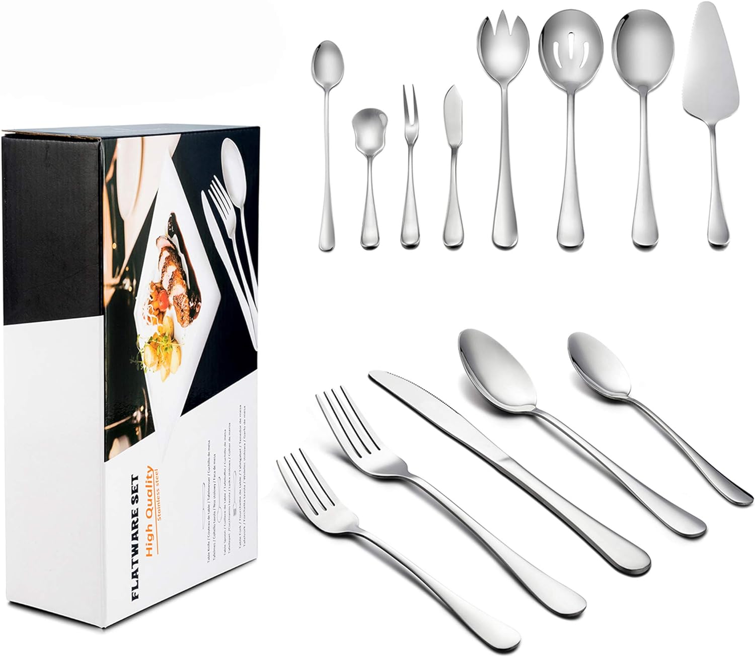 LIANYU 68-Piece Silverware Set with Serving Pieces Service for 12, Stainless Steel Flatware Utensil Set, Dishwasher Safe, Attached 8-Piece Serving Set