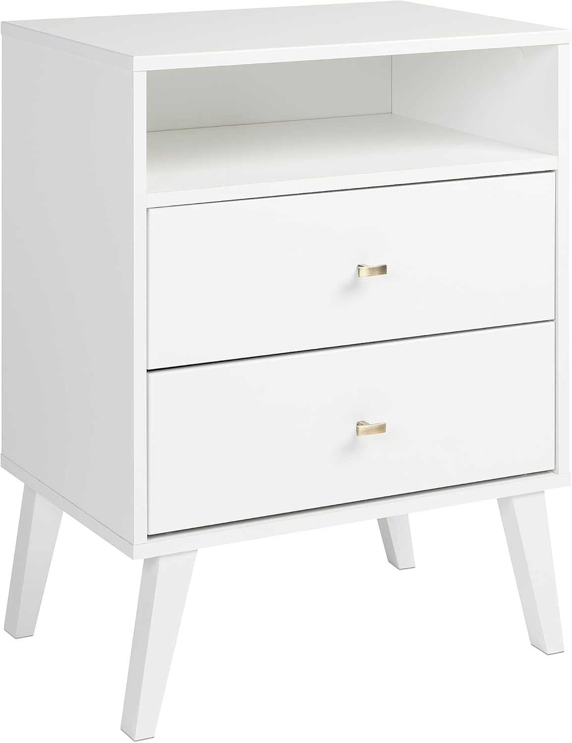 Prepac Milo Mid-Century Modern 2 Drawer Nightstand With Open Shelf, 16D x 22.5W x 29.5H, White