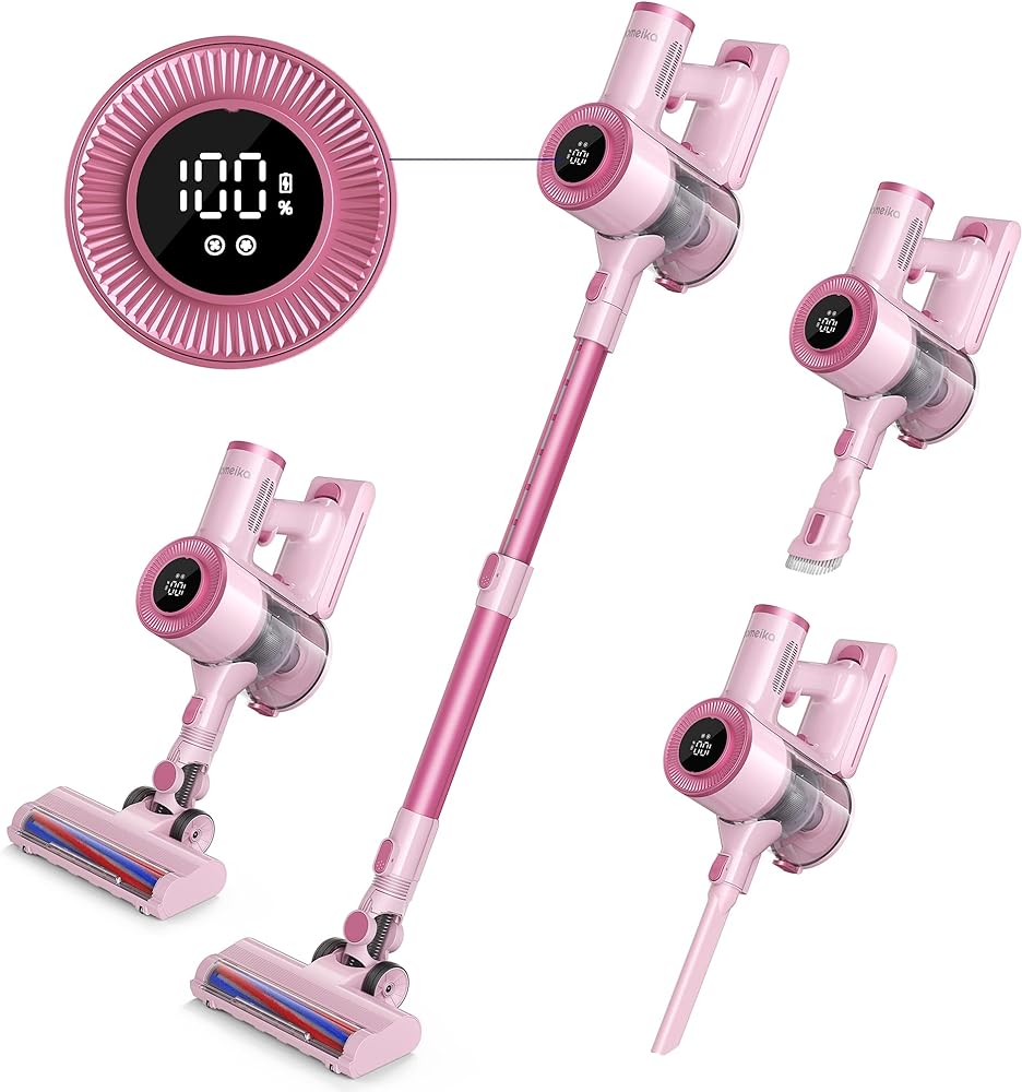 Homeika- Pro Version- 28k PA Cordless Vacuum- Digital Display- 50 Min Run Time- 3 Speeds- Telescopic  300 Watts- Brushless Motor- 8 in 1- HEPA Filter- for All Floors- Detachable Battery Pink